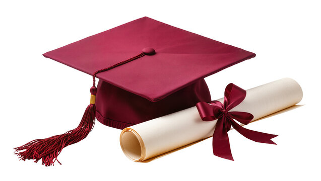 Maroon graduation cap with tassel and rolled diploma tied with ribbon