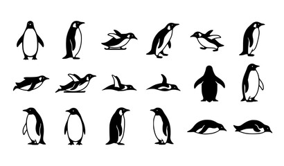Minimal Penguin Silhouette Vector Icons Set Cute Arctic Bird Animal Collection on White Background © Emdadul