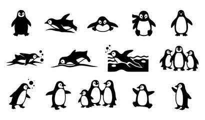 Cute Penguin Silhouette Icon Collection Vector Set with Arctic Bird Poses on White Background © Emdadul