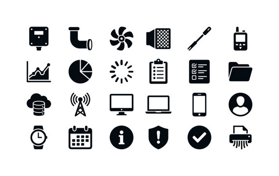 Municipal air quality testing systems and macro environmental telemetry logs clean solid filled vector icon set showing exactly 24