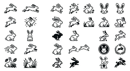 Fototapeta premium Minimalist rabbit icon set, 28 black and white bunny vector illustrations, simple line art hare symbols for logo design and branding
