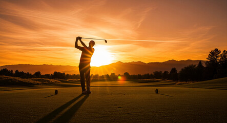 Fototapeta premium Silhouette of a golfer swinging a club on a tee box. Dramatic sunset glow illuminates the golf course and mountain range. Sport and leisure concept for luxury travel and retirement marketing.