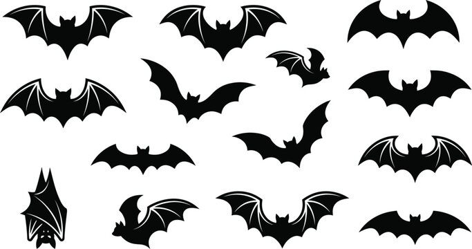 Halloween Black Bat Silhouettes Flying and Hanging Vector Set