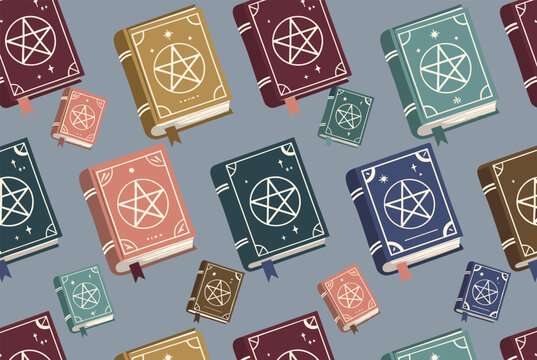 Magical seamless pattern of colorful spell books decorated with gold pentacle symbols on a muted gray background.