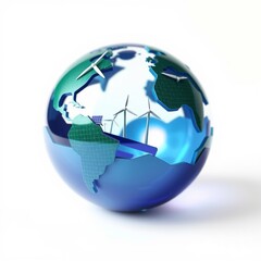 Naklejka premium Globe depicts sustainable energy sources. Wind turbines, solar panels represent clean power solutions for planet. Future focus.
