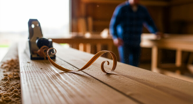 Wooden shaving rests on a timber plank in a workshop. A hand plane and blurred carpenter highlight traditional craftsmanship. Handicraft industry concept for carpentry marketing.
