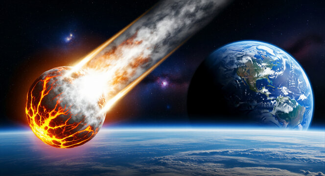 Giant asteroid with glowing magma trails through space towards Earth. Fiery celestial object approaching the atmosphere. Catastrophe concept, ideal for scientific and apocalyptic media.