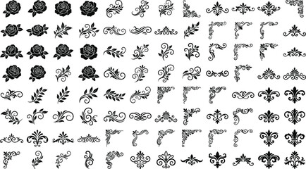 Vintage rose ornaments vector elements set with decorative black fleur de lis blossoms and cornersVintage rose ornaments vector elements set with decorative black fleur de lis blossoms and corners © Akramul