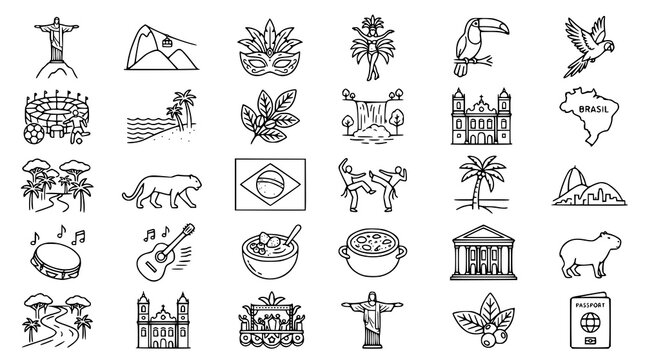Brazil Travel Outline Icon Set with Cultural Landmarks Tourist Attractions and National Symbols Vector Collection