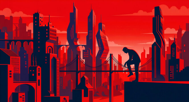 Silhouette of a man sitting on a ledge overlooking a futuristic red city. Urban landscape with tall skyscrapers under a crimson sky. Loneliness concept ideal for mental health awareness campaigns.