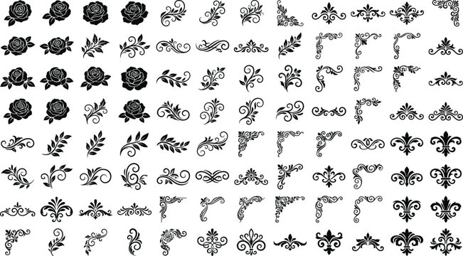 Vintage rose ornaments vector elements set with decorative black fleur de lis blossoms and cornersVintage rose ornaments vector elements set with decorative black fleur de lis blossoms and corners