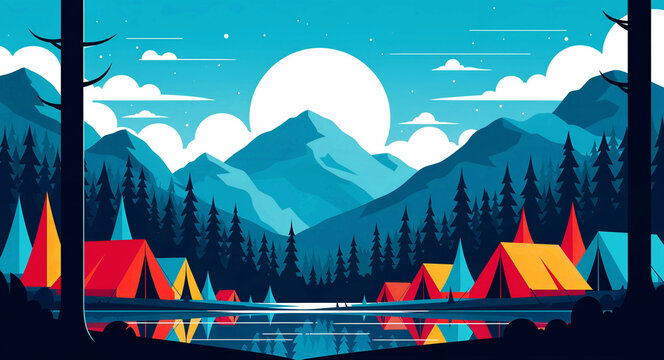 Colorful tents pitched by a calm lake in a mountain landscape. Flat vector illustration of an outdoor adventure scene at night. Wilderness camping concept, ideal for travel marketing.