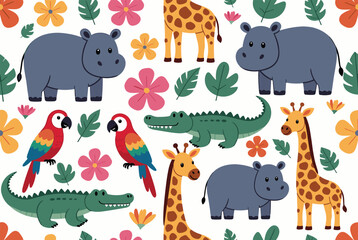 Fototapeta premium Colorful seamless pattern featuring adorable jungle animals like giraffes, hippos, crocodiles, and parrots with tropical flowers.