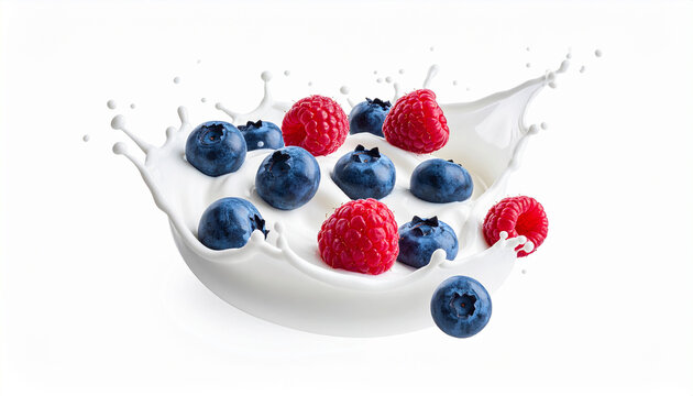 cascade of fresh blueberries and raspberries falling through a swirling splash