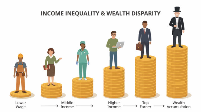 Flat Design Vector Illustration of Income Inequality and Wealth Disparity, Showing Diverse Professions on Stacks of Coins from Lower Wage to Wealth Accumulation, White Background