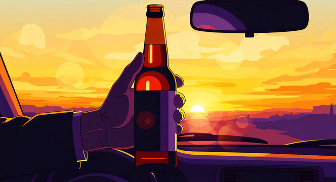 Hand holding a beer bottle inside a car at sunset. Stylized illustration of a driver with alcohol behind the wheel. Drunk driving concept for DUI awareness and road safety campaigns.