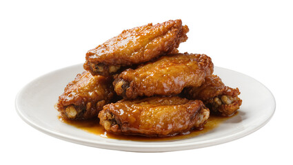 Crispy glazed chicken wings stacked on a white plate © Michal