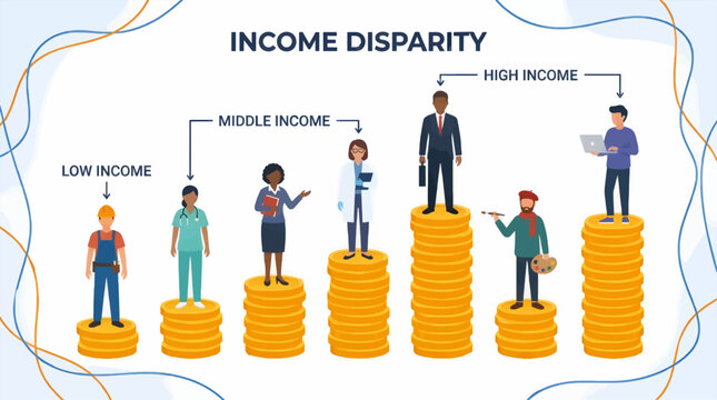 Flat Design Vector Illustration of Income Disparity with Diverse Professions Standing on Stacks of Gold Coins, Showing Low, Middle, and High Income Levels