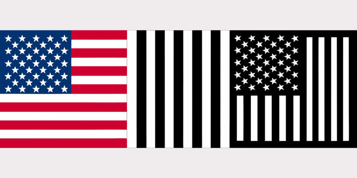 Three variations of the american flag in a flat vector illustration with a light gray background
