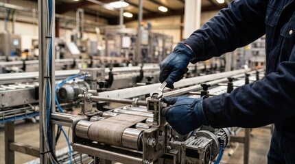 Fototapeta premium Worker adjusting factory conveyor machine