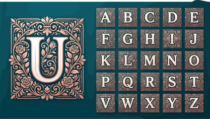 Ornate Alphabet Letters A-Z in Decorative Square Frames with Floral Flourishes, Vintage Engraved Style Vector Illustration, Classic Typography Elements © Bambang
