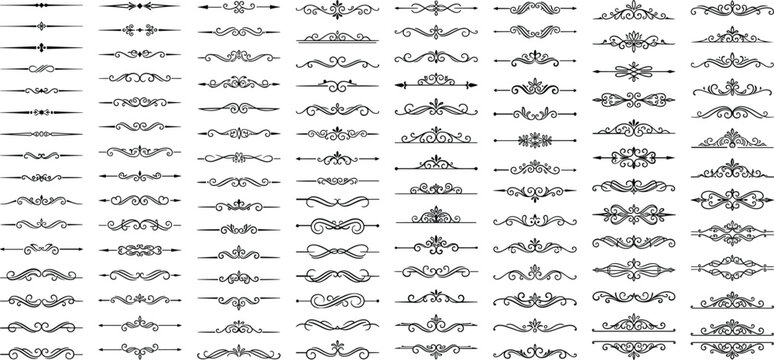 Vintage calligraphic dividers vector elements set with ornate text borders, flourish lines and scroll ornaments