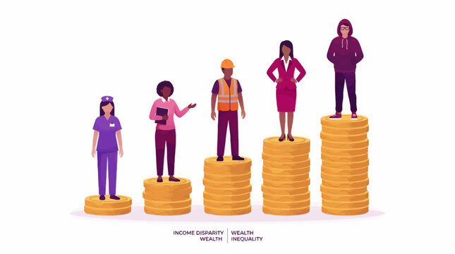 Diverse Professions Standing on Stacks of Coins Representing Income Disparity and Wealth Inequality, Flat Design Vector Illustration