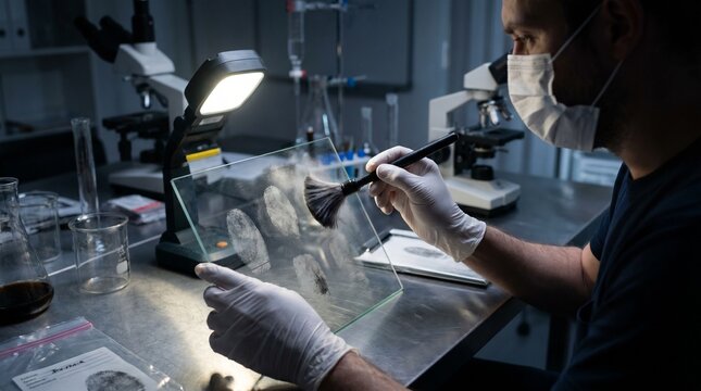 Person in lab wearing mask and gloves, carefully brushing artifact on transparent surface, surrounded by microscopes, lights, and scientific tools in forensic examination setting.