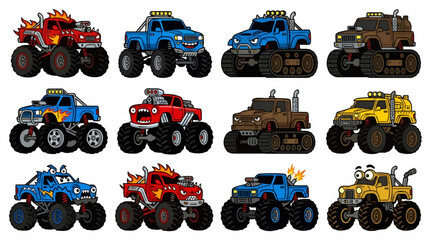Collection of Twelve Cartoonish Monster Trucks with Expressive Faces and Flames, Featuring Various Colors and Styles, Isolated on White Background © titin