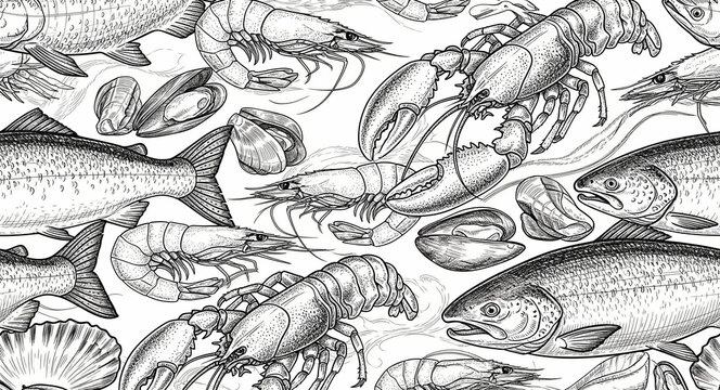 Seamless pattern featuring hand-drawn seafood like lobster, salmon, and shrimp. Vintage etching style design with mussels and prawns in black and white. Ideal for restaurant menus and packaging.