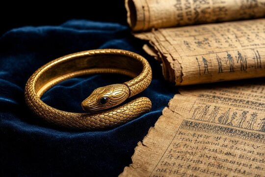 Golden serpent armlet on blue velvet with aged papyrus scrolls, historical elegance.