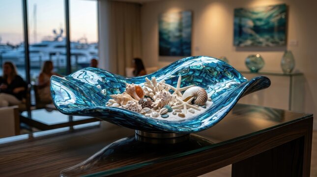 Blue shell bowl decorative object with glossy luxury modern curved reflective design, elegant ornament for commercial marine art