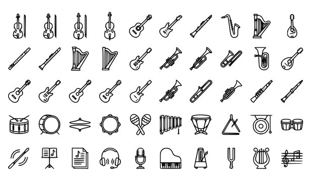 Musical instruments line icon set with orchestra string wind percussion instruments vector illustration editable stroke