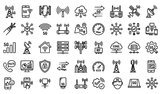 5G cell tower and mobile network line icon set with antennas signal coverage and fast connection vector illustration editable stroke
