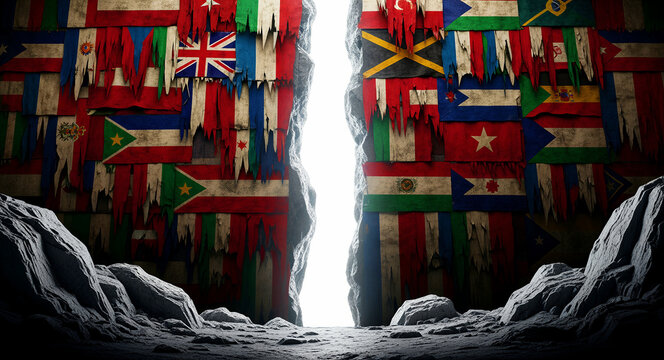 Various national flags cover a cracked stone wall with a bright chasm. Tattered world flags symbolize geopolitical division and international struggle. Ideal for global crisis and unity concepts.