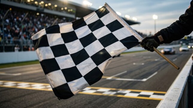 Waving checkered racing flag with black white squares motorsport fabric speed. Finish line competition wave cloth pattern banner