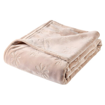 Beige polyester fleece blanket with floral pattern for home comfort isolated on transparent background