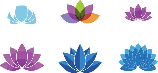 Fototapeta premium Abstract geometric lotus flower vector logo icon set with colorful translucent overlays for wellness branding and beauty spa corporate identity