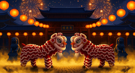 Fototapeta premium Traditional Chinese lion dance performance at a temple gate with glowing lanterns. Fireworks and golden smoke illuminate the festive night scene. Concept for Lunar New Year and Asian culture.