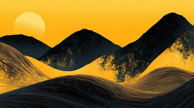 Modern graphic mountain landscape artwork with gradient gold sky, pale golden celestial orb on left horizon, undulating black hills with distressed gold texture and parallel horizontal line details