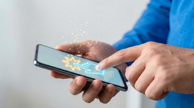 Close-up of man holding smartphone and touching screen with glowing digital hand cursor icon