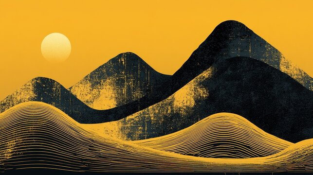 Modern graphic mountain landscape artwork with gradient gold sky, pale golden celestial orb on left horizon, undulating black hills with distressed gold texture and parallel horizontal line details