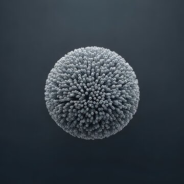 Microscopic view of a spherical viral particle or lipid nanoparticle featuring dense protein surface spikes, rendered in a grayscale electron microscope style on a dark background.