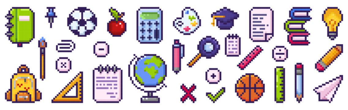 Pixel art school icons of educational supplies, books, pen, pencil, and ruler. Retro 8bit game style vector student designs of calculator, backpack, soccer ball, light bulb, pin and apple. Mosaic set