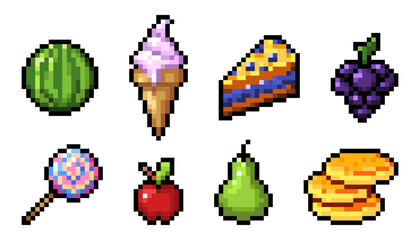 Fototapeta premium Pixel art fruit and sweets icons of apple, pear, grape and watermelon, vector food, dessert pictograms on white background. Cake, ice cream cone and pancakes in vibrant retro 8 bit game style