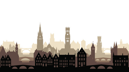 Obraz premium A silhouette of a historic European city skyline with bridges and tall buildings under a bright sky.