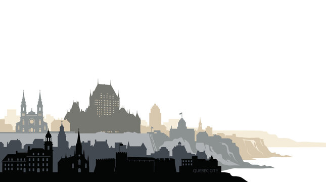 Silhouette of Quebec City's historic skyline with iconic buildings and the St. Lawrence River.