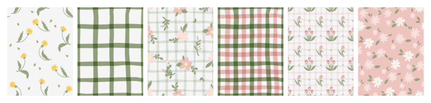 Seamless coquette patterns with delicate floral motifs, pink green gingham stripes, and vintage ditsy flowers, romantic wallpaper backgrounds. Vector set of cute spring designs, girly fashion prints