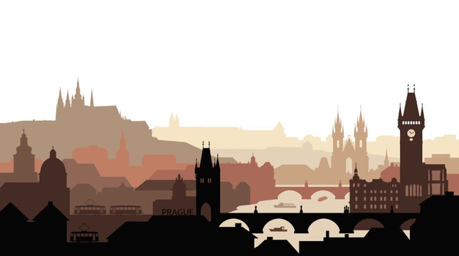 A stylized silhouette of the Prague skyline featuring iconic bridges and historical architecture under a hazy sky.