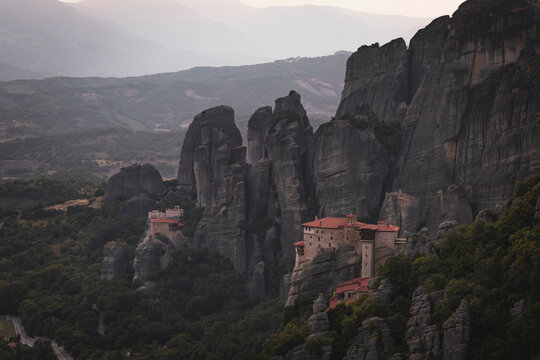 Ancient monasteries on cliffs in Meteora Greece